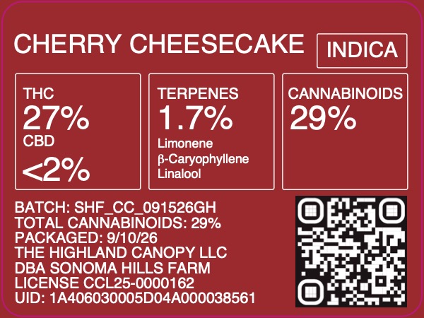 Cherry Cheesecake indoor eighth label - THC 27%, terpenes 1.7%, total cannabinoids 29%, batch SHF_CC_091526GH