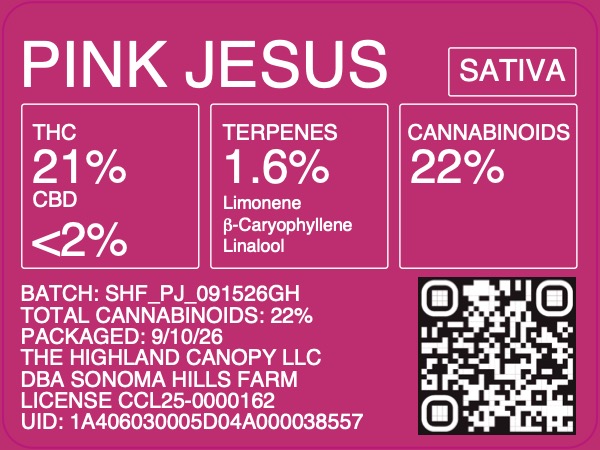 Pink Jesus indoor eighth label - THC 21%, terpenes 1.6%, total cannabinoids 22%, batch SHF_PJ_091526GH