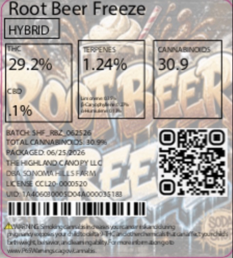 Root Beer Freeze label - THC 29.2%, terpenes 1.24%, total cannabinoids 30.9%, batch SHF_RBZ_062526