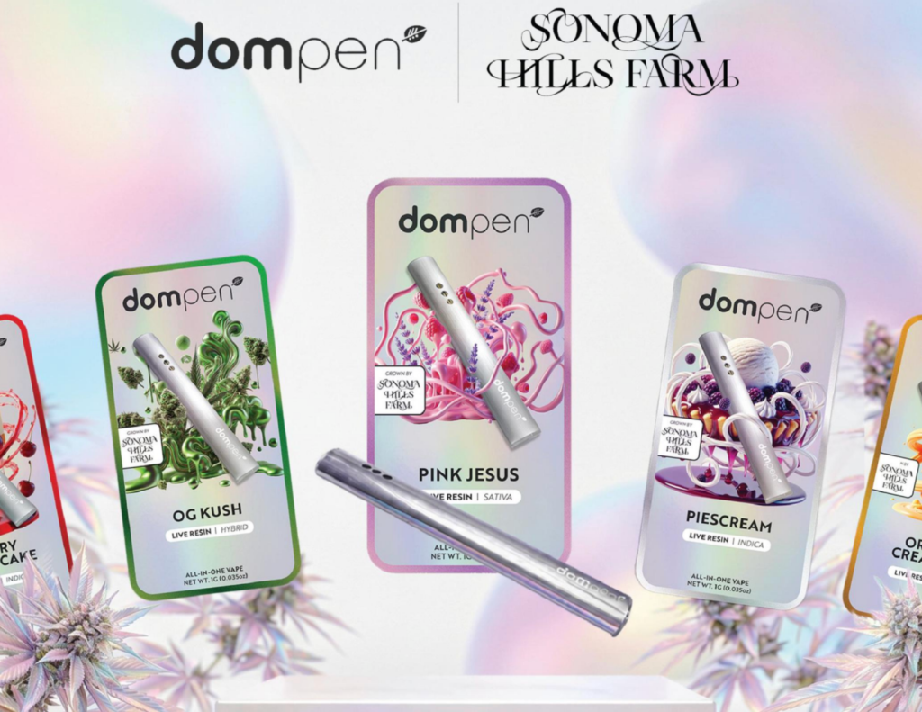Dompen x Sonoma Hills Farm all-in-one live resin vapes - Pink Jesus, OG Kush, Piescream and more